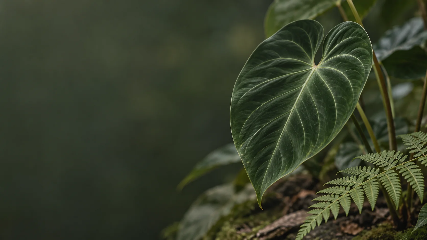 Illustrative velvet-leaf Anthurium and fern detail in soft botanical light
