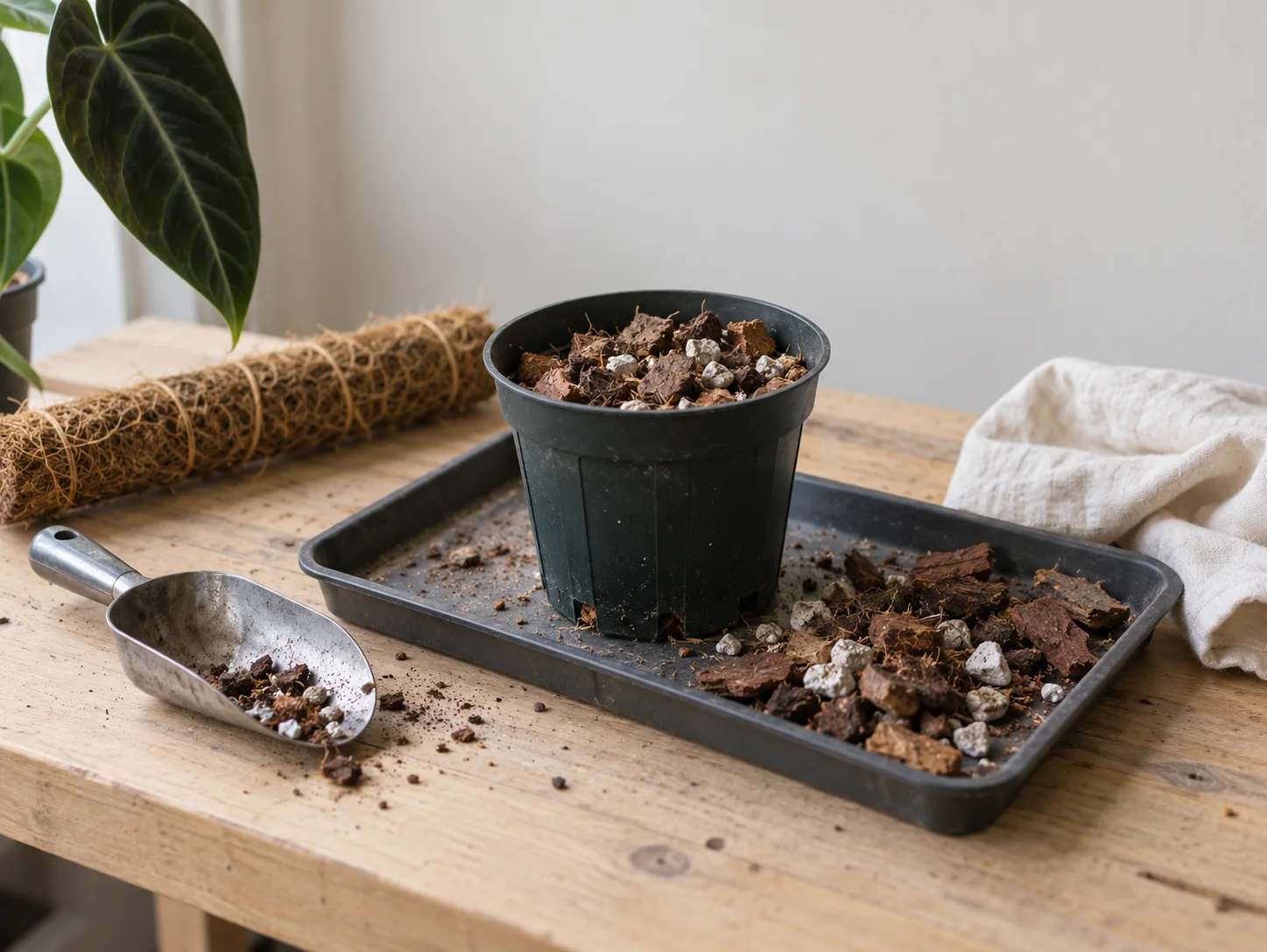 Illustrative nursery pot, airy substrate and scoop on a repotting tray