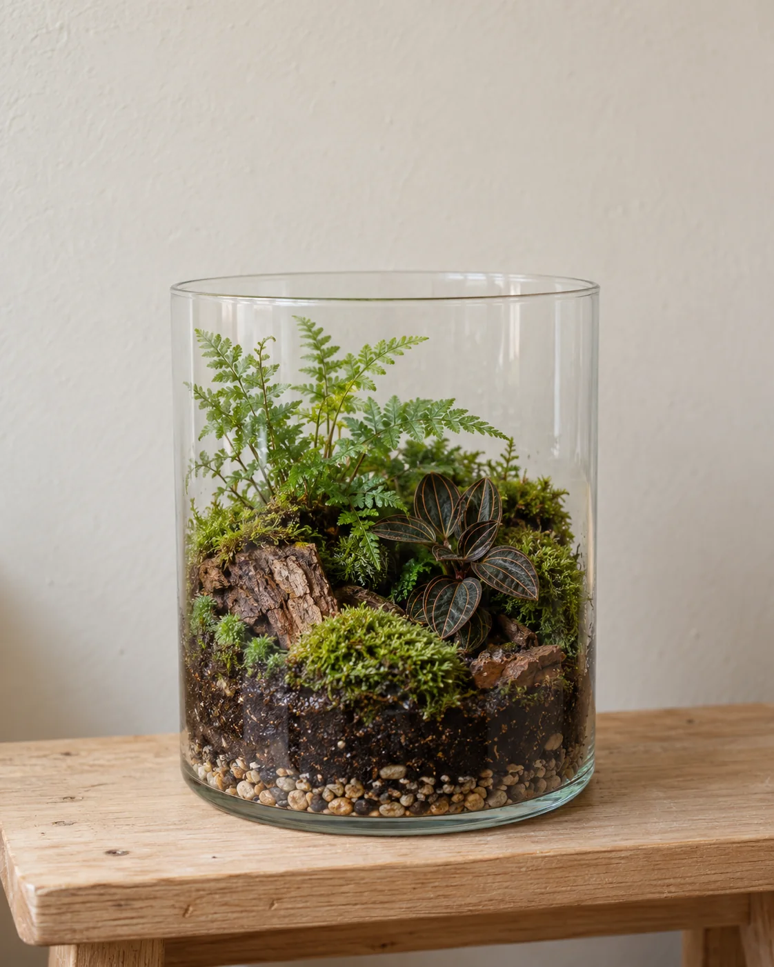 An illustrative portrait of a small terrarium with ferns, moss and jewel-orchid leaves
