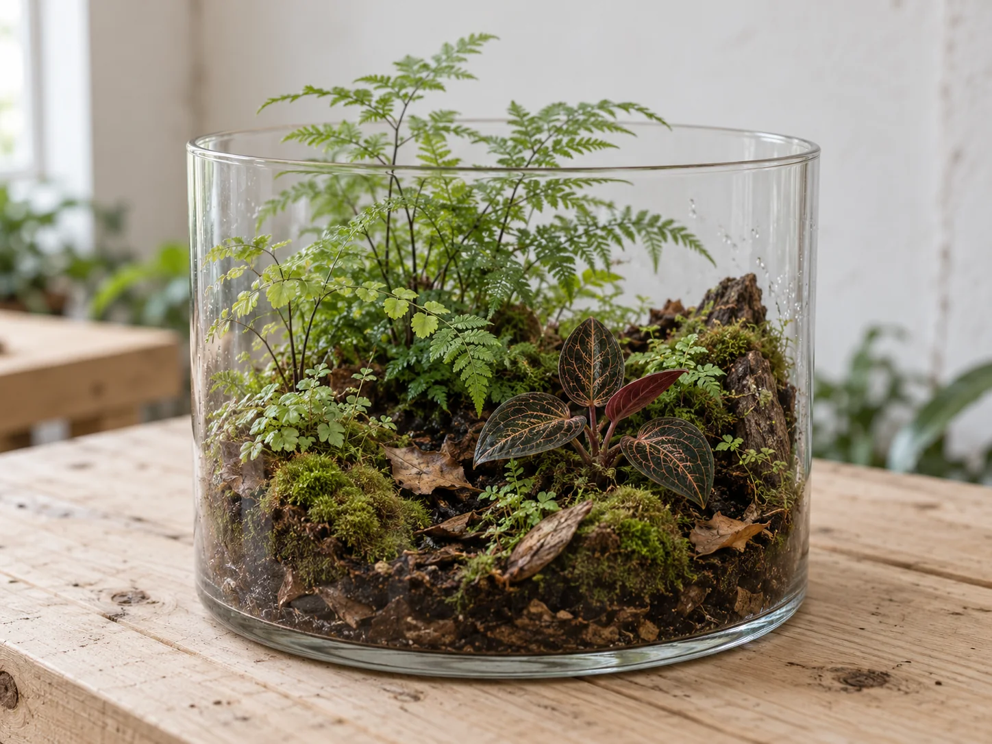 Illustrative jewel-orchid foliage, ferns and living moss inside a glass terrarium